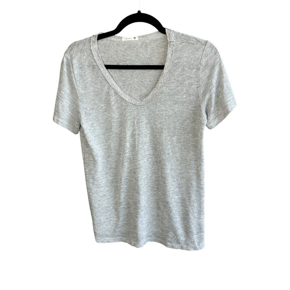 Soprano Gray Casual V Neck Knit Tee Size Small
